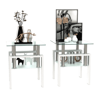 Set of 2, Modern Tempered Glass Tea Table Coffee Table End Table, Square Table for Living Room, Transparent/White