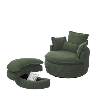 38" Modern Accent Round Swivel Barrel Oversized Chair with Moon Storage Ottoman with 4 Pillows in Green Corduroy