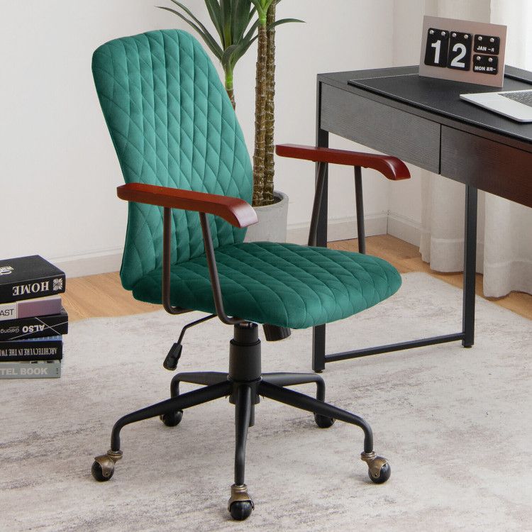 Velvet Home Office Chair with Wooden Armrest