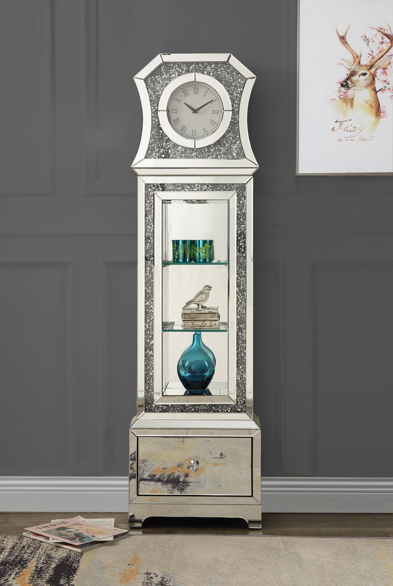 ACME Noralie GRANDFATHER CLOCK W/LED Mirrored & Faux Diamonds AC00350