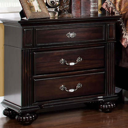 1pc Dark Walnut Traditional Solid Wood 3-Drawers Antique Brass Handles Nightstand