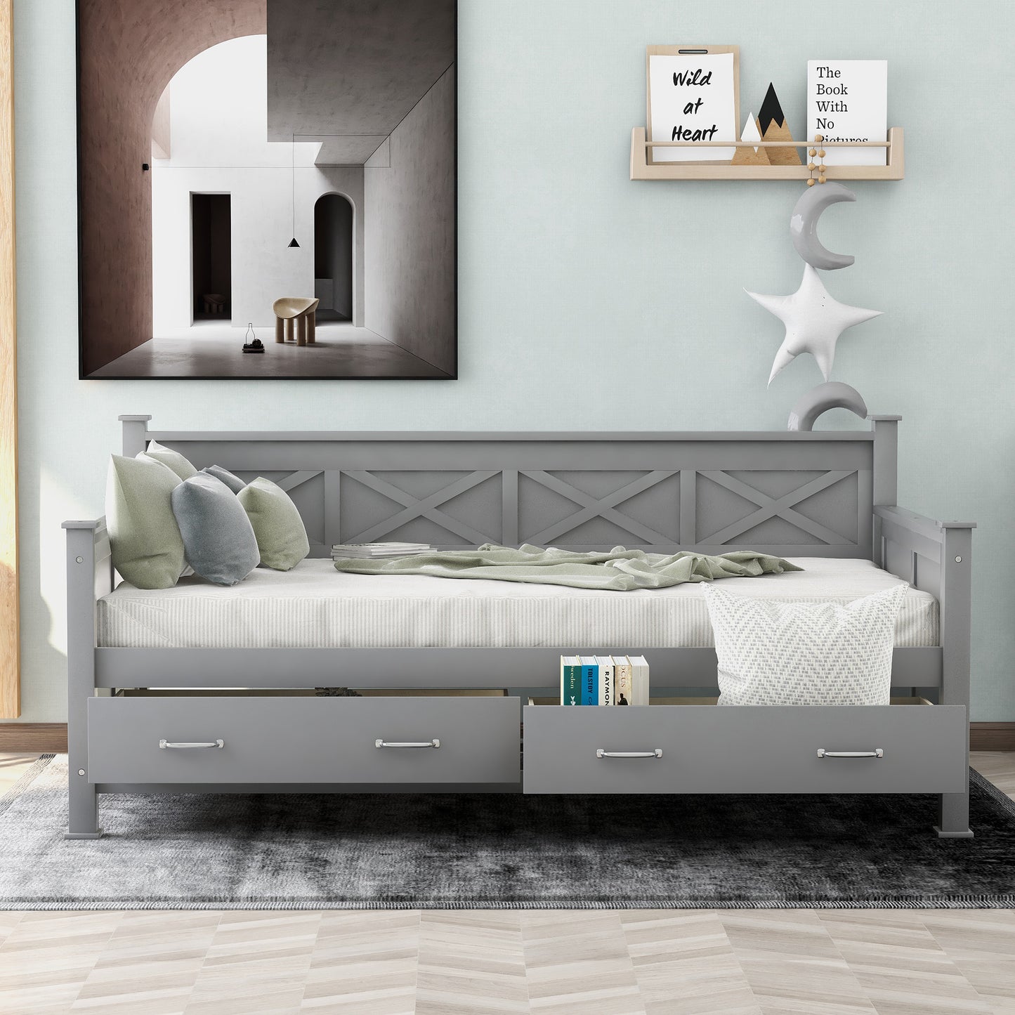 Twin Size Daybed with 2 Large Drawers, X-shaped Frame, Modern and Rustic Casual Style Daybed, Gray