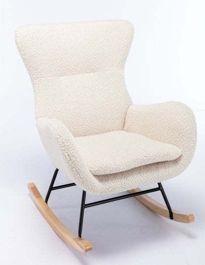 Teddy Fabric Padded Seat Rocking Chair With High Backrest And Armrests