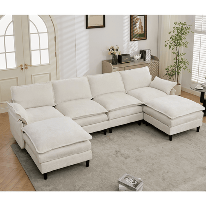 [NEW ARRIVED]Modular Sofa,U Shaped Cloud Couch Comfy Set ,6-Seater, 2 Armrest Pillows, Convertible Sectional Couch, Living Room,Apartment, Chenille(2 Movable Ottoman),Beige