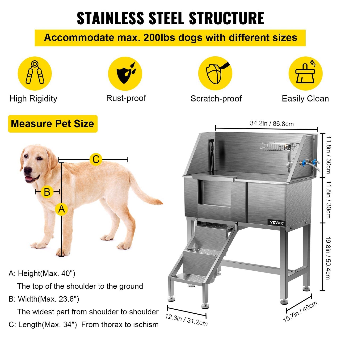 VEVOR 34" Pet Grooming Tub Stainless Steel Dog Wash Station Pet Washing Station and Dog Bath Tub Water-Resistant Grooming Tub for Dogs with Removable Door & Ladder on The Left