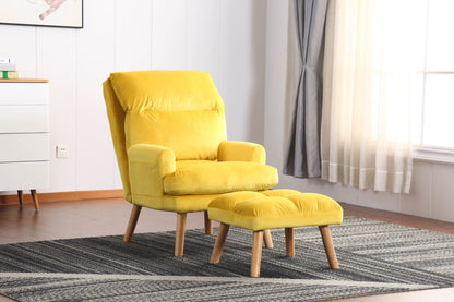 Soft Comfortable 1pc Accent Click Clack Chair with Ottoman Yellow Fabric Upholstered Oak Finish Legs Living Room Furniture