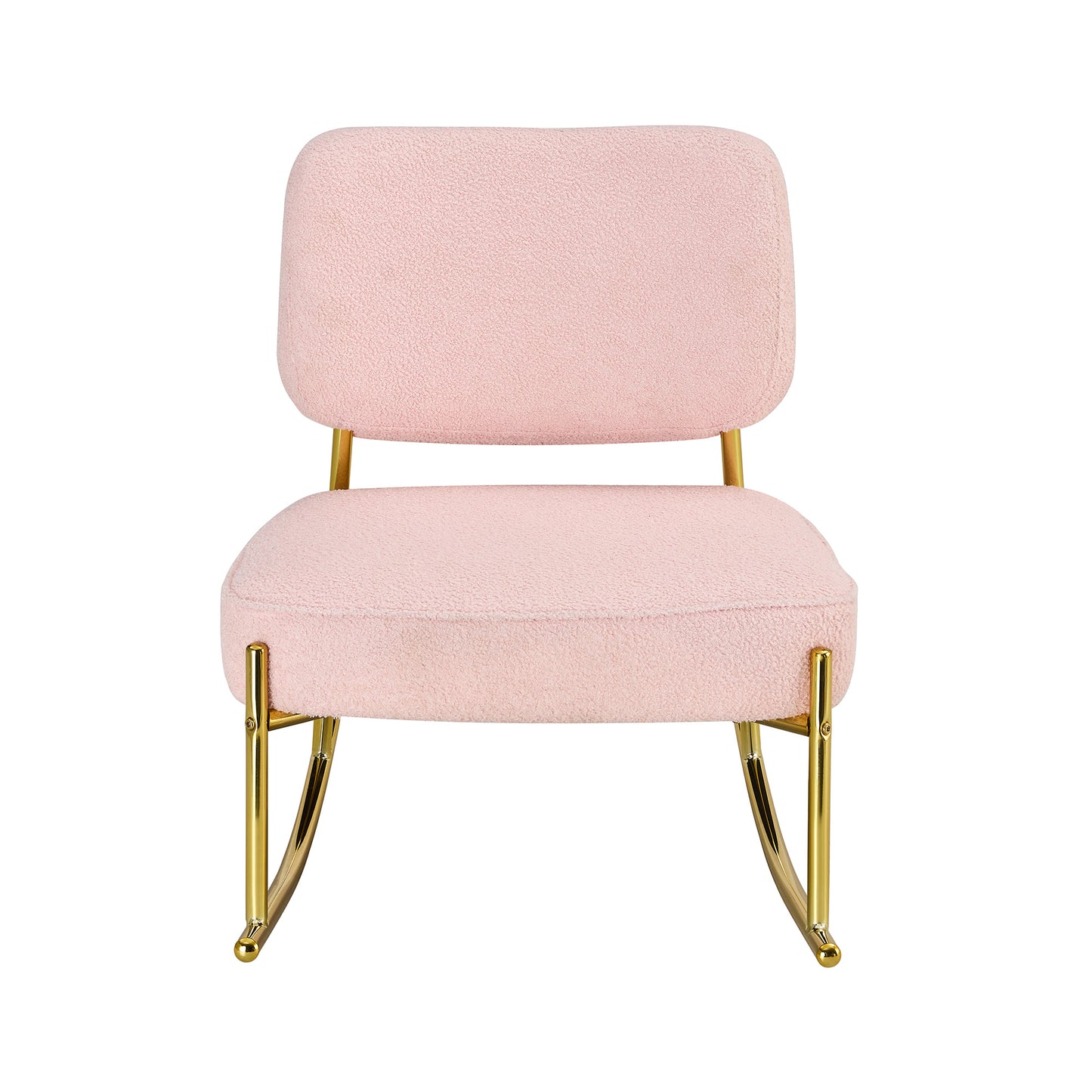 Teddy velvet material cushioned rocking chair, unique rocking chair, cushioned seat, pink backrest rocking chair, and golden metal legs. Comfortable side chairs in the living room, bedroom, and office