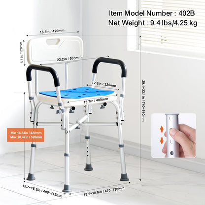 VEVOR Shower Chair Seat with Padded Arms and Back, Shower Stool with Reinforced CrossBar, Adjustable Height Bench Bath Chair for Elderly Disabled, Shower Chair for Inside Shower Bathtub, 400 lbs