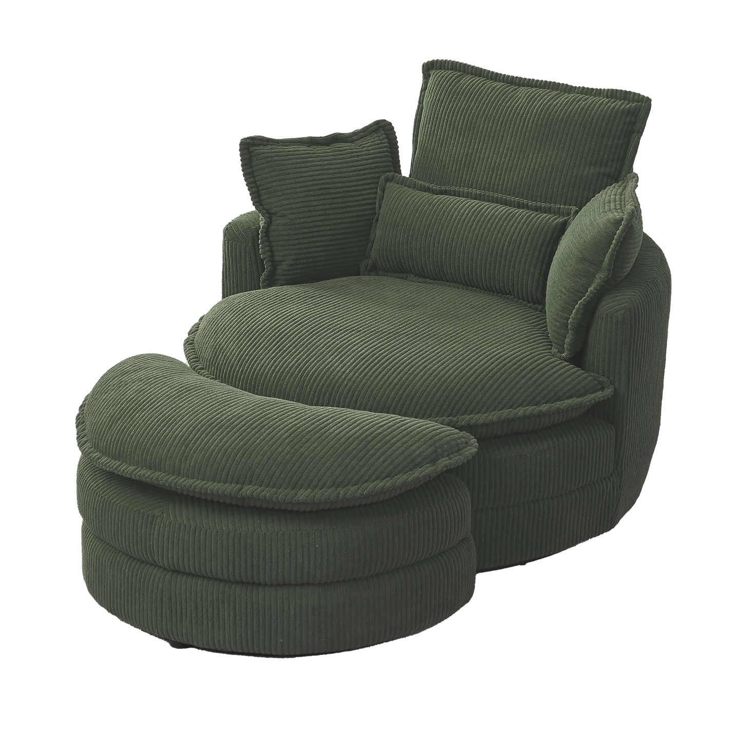 38" Modern Accent Round Swivel Barrel Oversized Chair with Moon Storage Ottoman with 4 Pillows in Green Corduroy