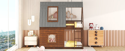 Wood Twin Size House Bunk Bed with Roof, Ladder and 2 Windows, Oak & Smoky Grey