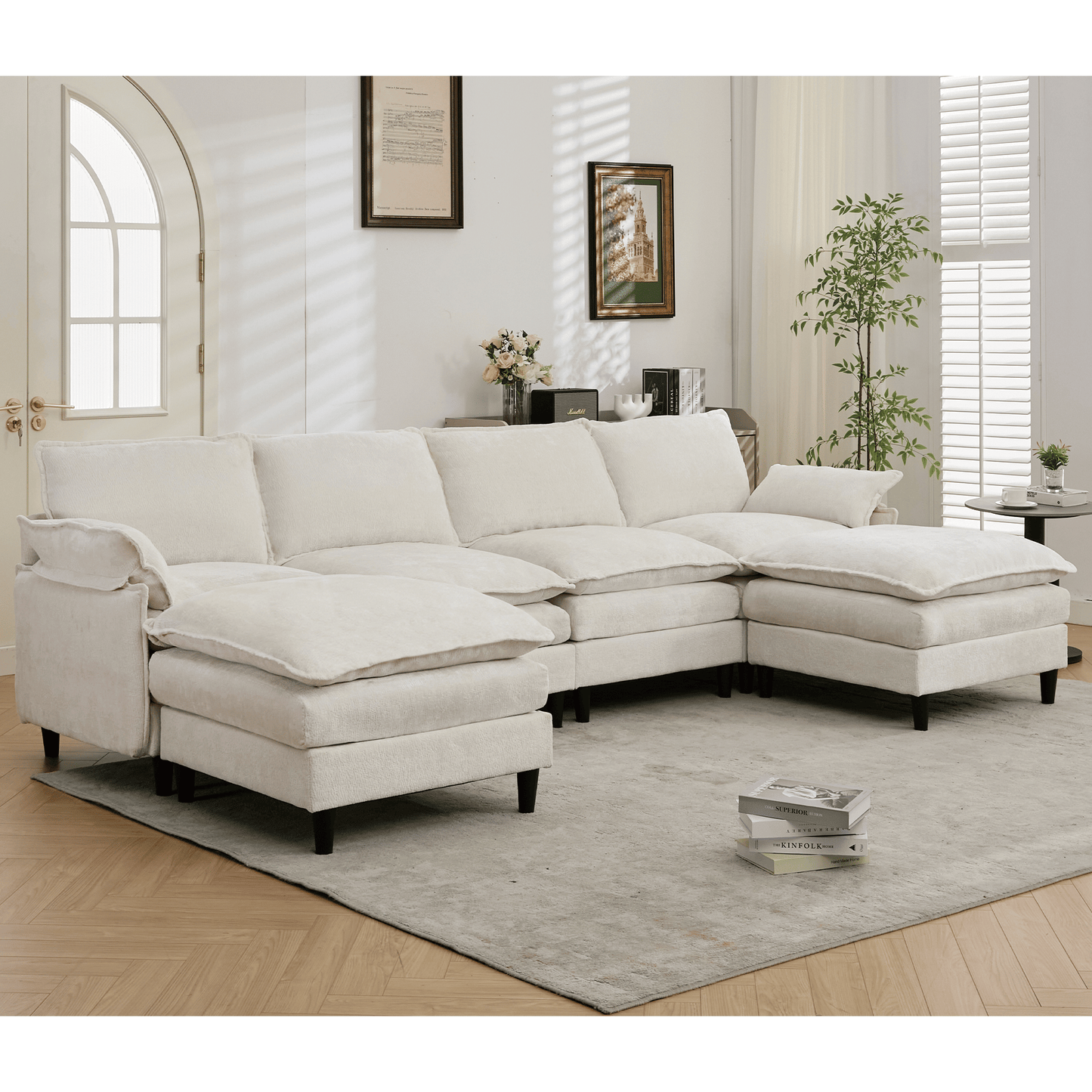 [NEW ARRIVED]Modular Sofa,U Shaped Cloud Couch Comfy Set ,6-Seater, 2 Armrest Pillows, Convertible Sectional Couch, Living Room,Apartment, Chenille(2 Movable Ottoman),Beige