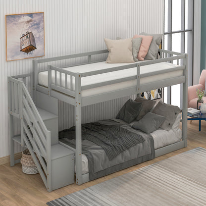 Twin over Twin Floor Bunk Bed, Ladder with Storage, Gray