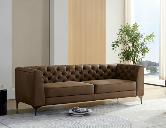 WKS5B brown leather sofa with iron feet, retro design