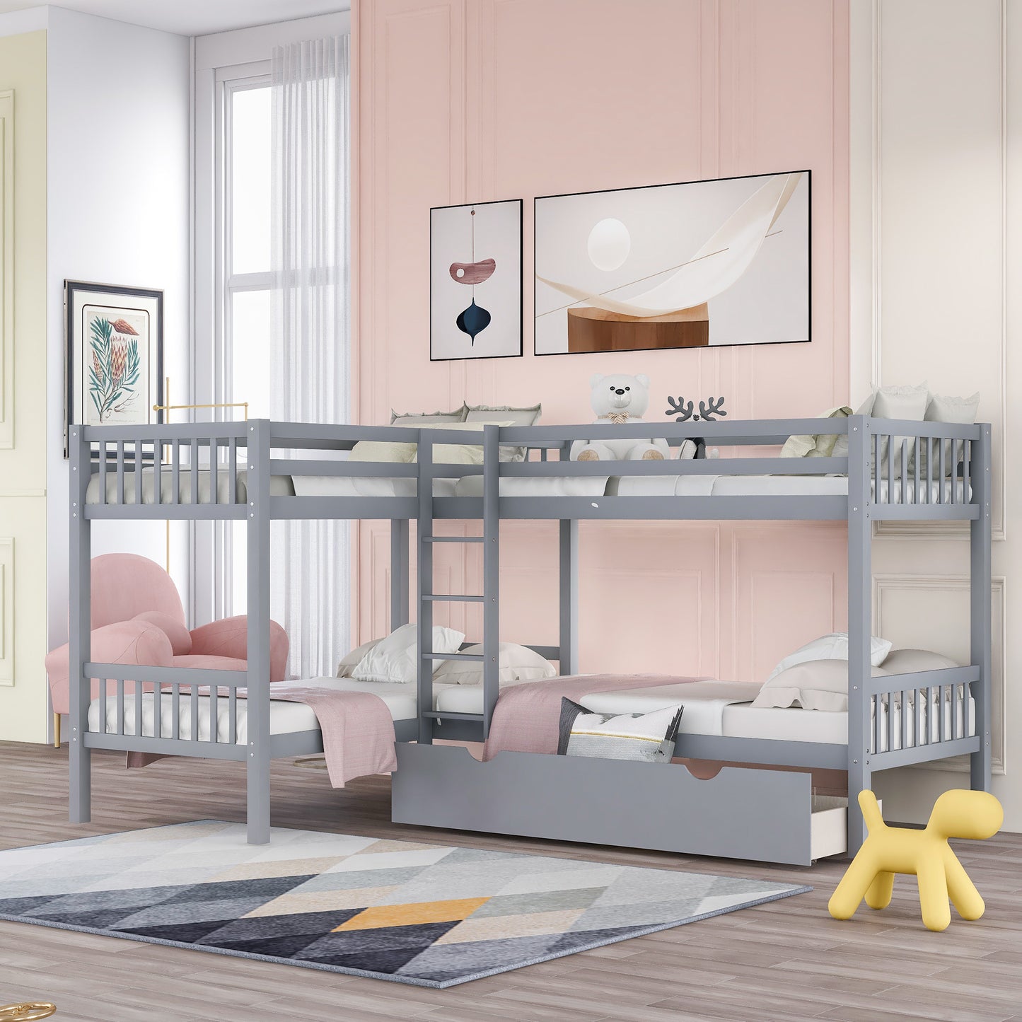 Twin L-Shaped Bunk bed with Drawers-Gray(OLD SKU :LP000038AAE)