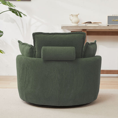 38" Modern Accent Round Swivel Barrel Oversized Chair with Moon Storage Ottoman with 4 Pillows in Green Corduroy