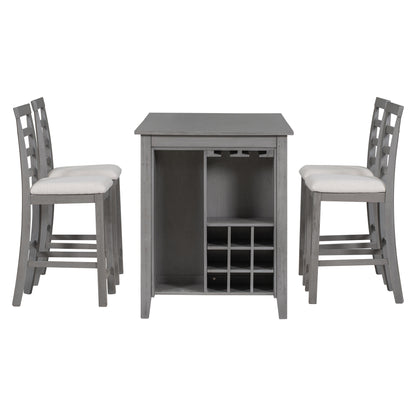 TREXM 5-Piece Multi-Functional Rubber Wood Counter Height Dining Set with Padded Chairs and Integrated 9 Bar Wine Compartment, Wineglass Holders for Dining Room (Gray)