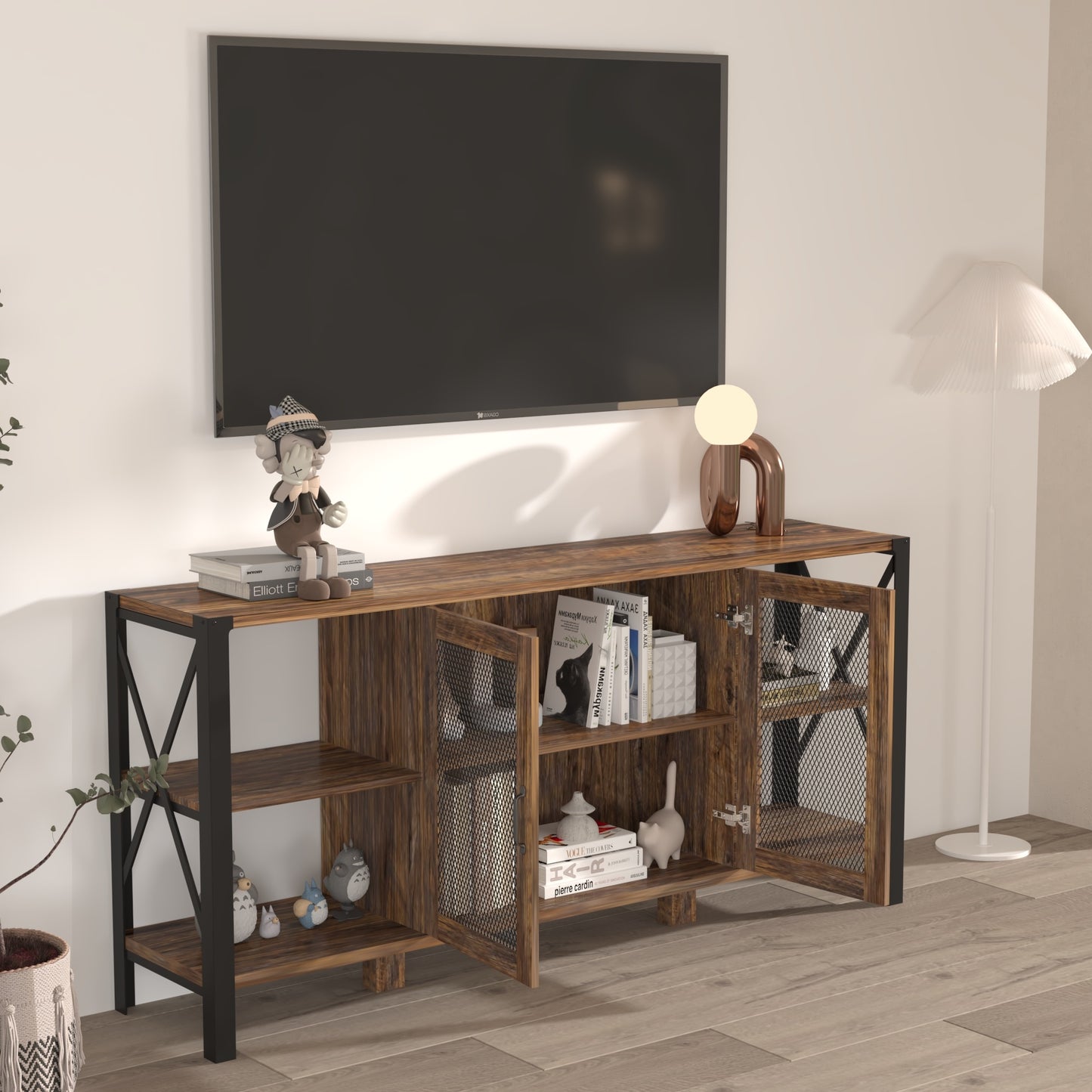 TV Stands for Living Room, Industrial TV Stand for Bedroom Furniture, Farmhouse TV Stand 80 Inch Television Stand , Modern Horizontal Wood and Metal Open Bookshelf