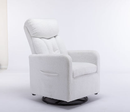 022-Teddy Fabric Swivel Rocking Chair Gilder Chair With Pocket,White