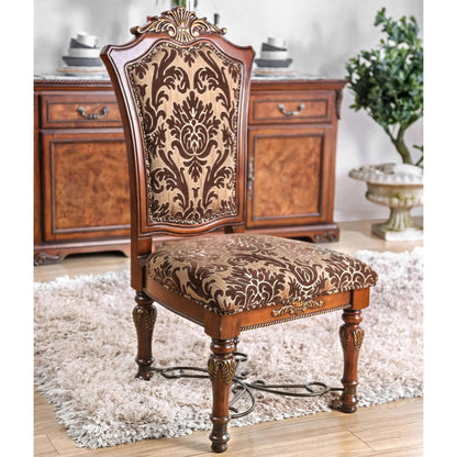 Traditional Fancy Set of 2pcs Side Chairs Brown Cherry Solid wood Intricate Carved Details Floral Design Print Fabric Seats Formal Dining Room Furniture