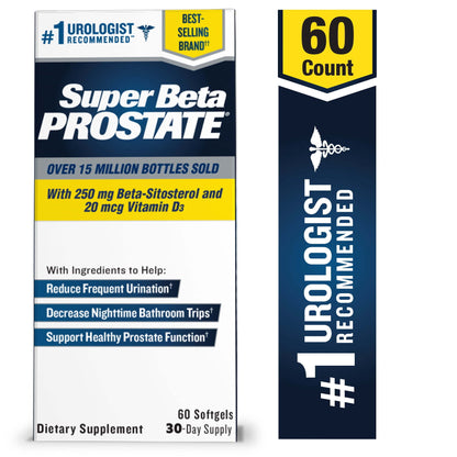 Super Beta Prostate – Over 15 Million Bottles Sold – Urologist Recommended Prostate Supplement for Men - Reduce Bathroom Trips Night, Promote Sleep & Bladder Emptying, Beta Sitosterol, 60 CT, Softgels