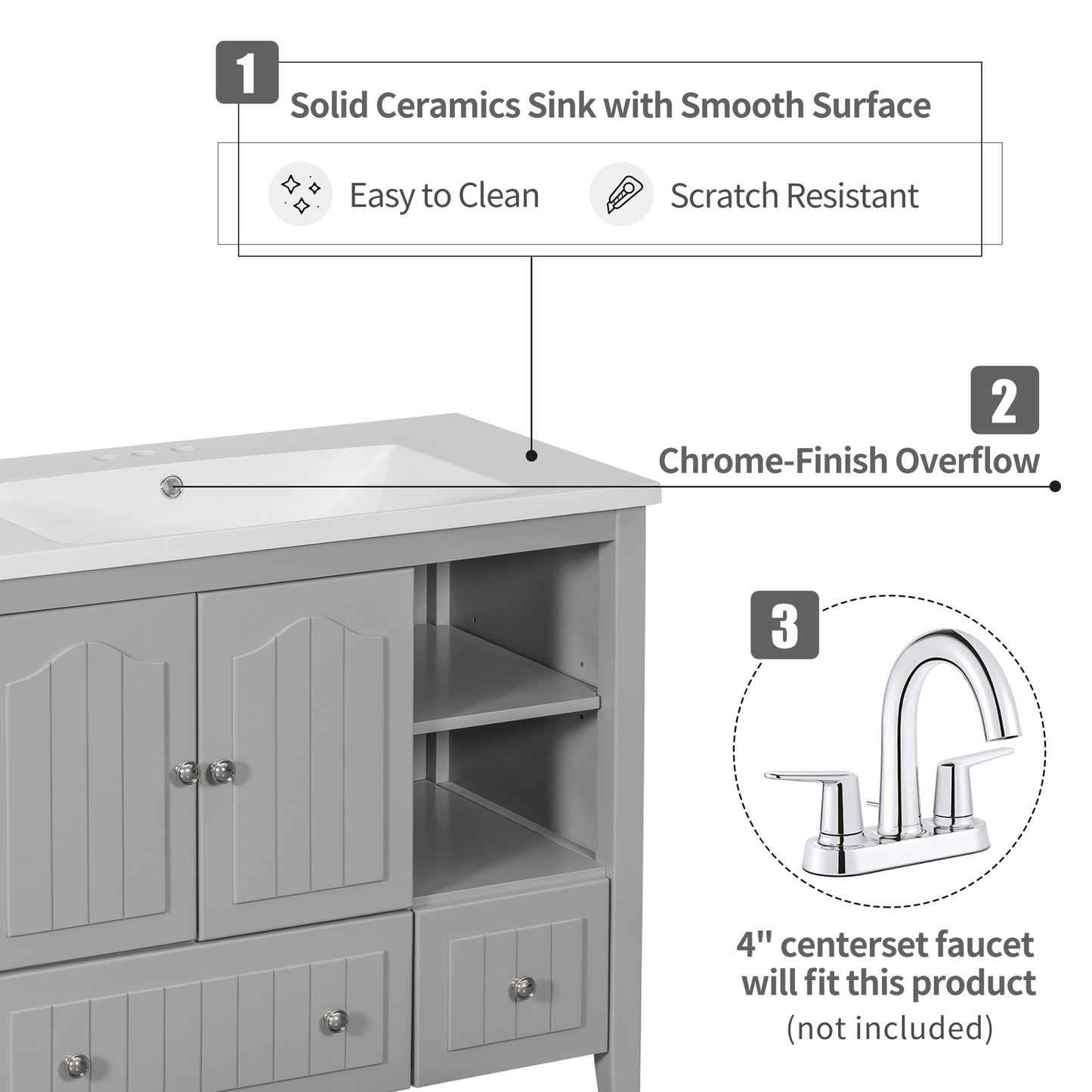 Bathroom Vanity with Ceramic Basin, Storage Cabinet, Two Doors and Drawers