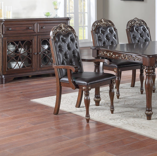 Majestic Formal Set of 2 Arm Chairs Brown Finish Rubberwood Dining Room Furniture Intricate Design Cushion Upholstered Seat Tufted Back