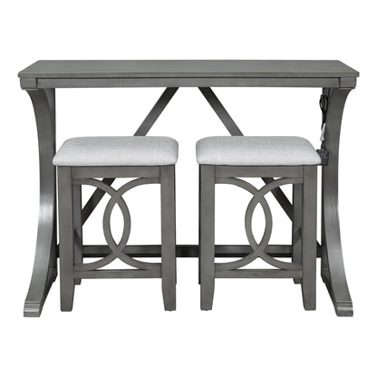 3-Piece Counter Height Dining Table Set with USB Port and Upholstered Stools