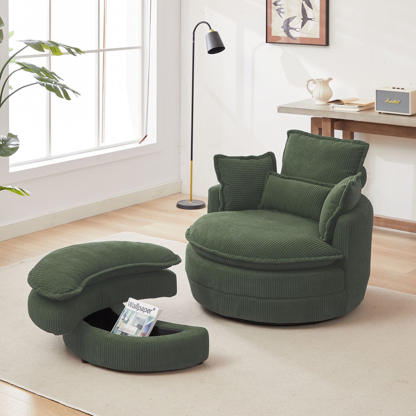 38" Modern Accent Round Swivel Barrel Oversized Chair with Moon Storage Ottoman with 4 Pillows in Green Corduroy