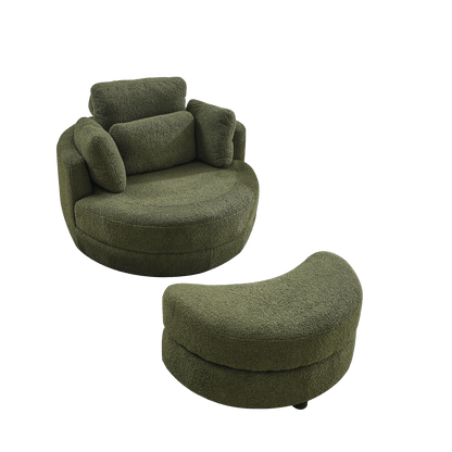 39"W Oversized Swivel Chair with moon storage ottoman for Living Room, Modern Accent Round Loveseat Circle Swivel Barrel Chairs for Bedroom Cuddle Sofa Chair Lounger Armchair, 4 Pillows, Teddy Fabric