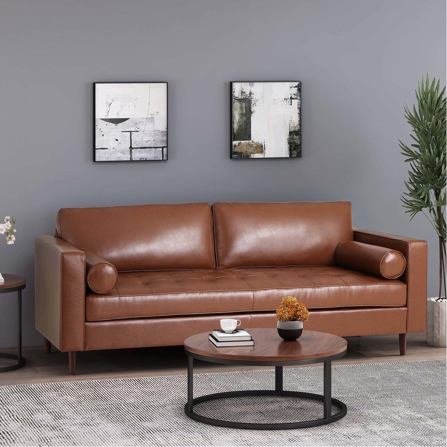 Mirod Comfy 3-seat Sofa with Wooden Legs, PU, for Living Room and Study