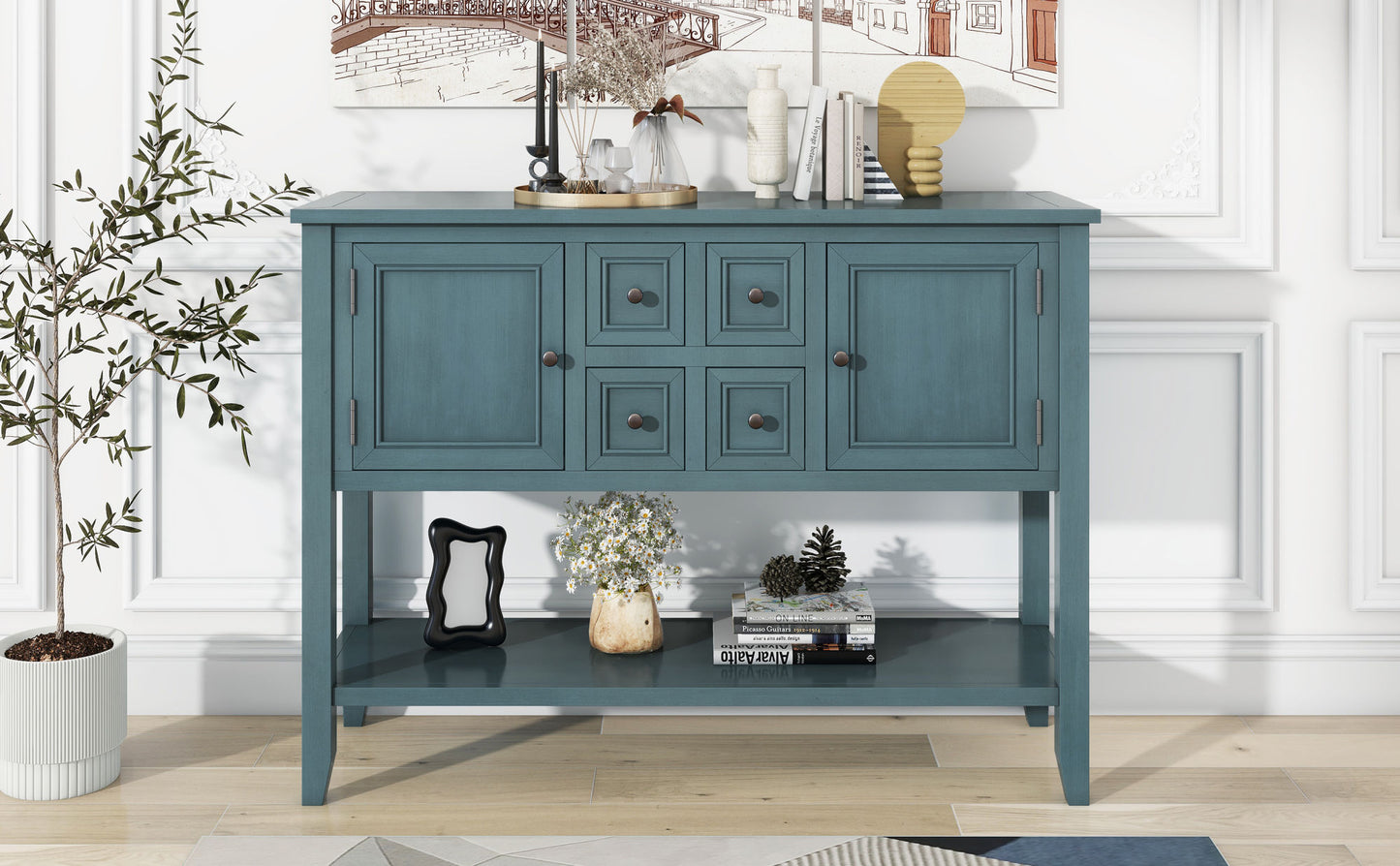 TREXM Cambridge Series Ample Storage Vintage Console Table with Four Small Drawers and Bottom Shelf for Living Rooms, Entrances and Kitchens (Dark Blue,OLD SKU: WF190263AAM)