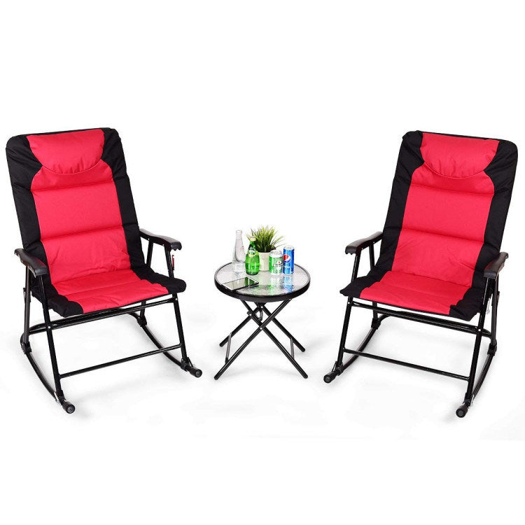 3 Pieces Outdoor Folding Rocking Chair Table Set with Cushion