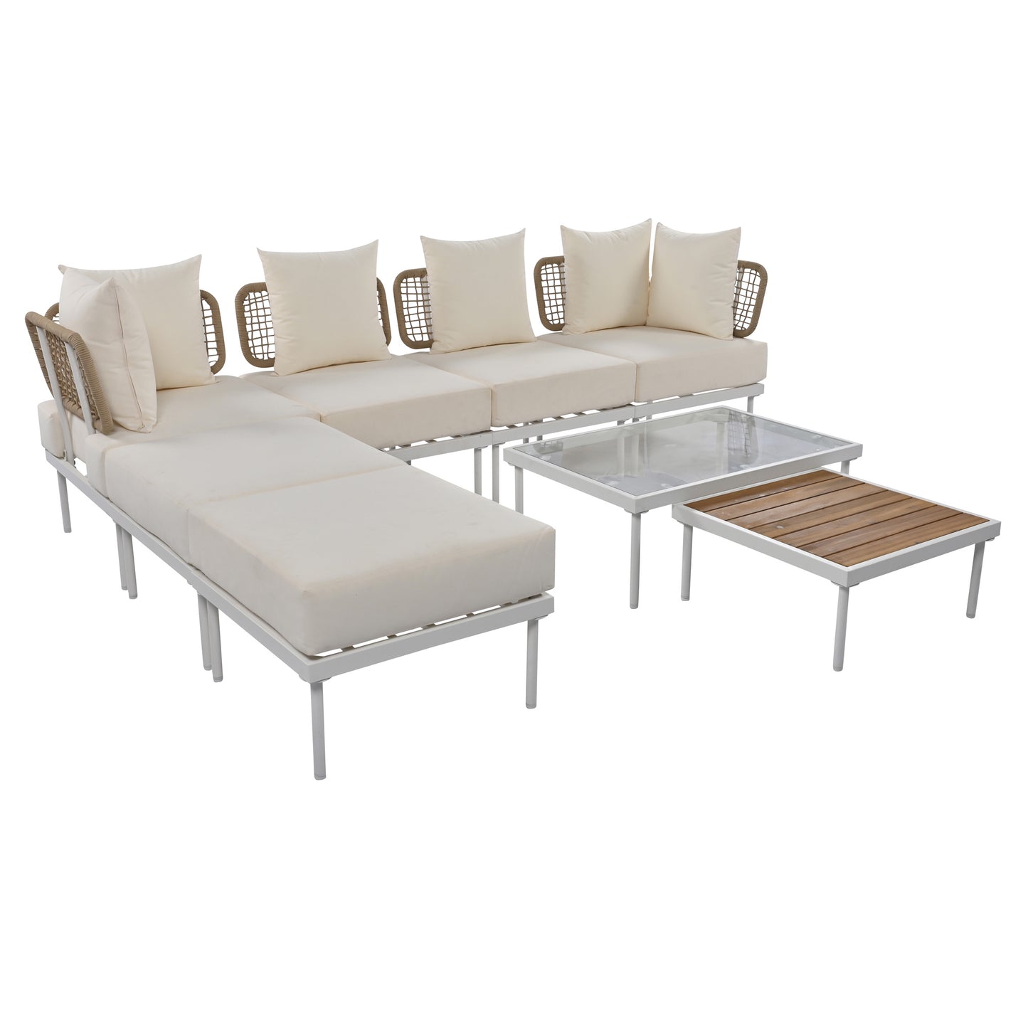 TREXM 8-Piece Patio Sectional Sofa Set with Tempered Glass Coffee Table and Wooden Coffee Table for Outdoor Oasis, Garden, Patio and Poolside (Beige Cushion + White Steel)