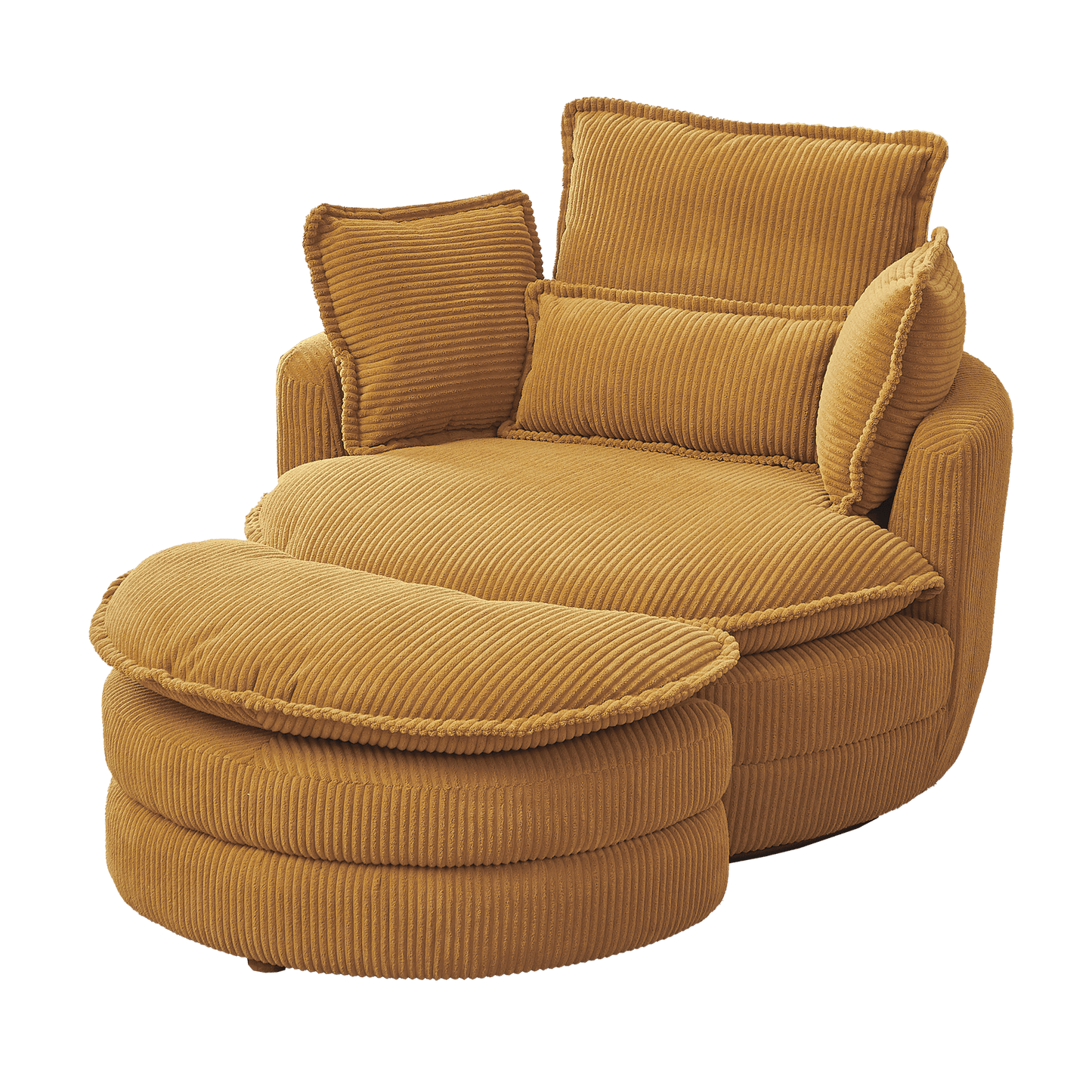 38" Modern Accent Round Swivel Barrel Oversized Chair with Moon Storage Ottoman & 4 Pillows in Yellow Corduroy