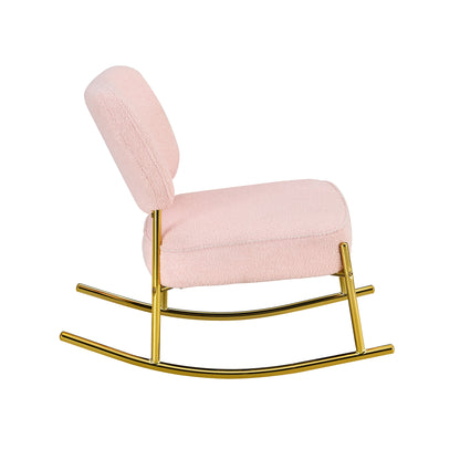 Teddy velvet material cushioned rocking chair, unique rocking chair, cushioned seat, pink backrest rocking chair, and golden metal legs. Comfortable side chairs in the living room, bedroom, and office