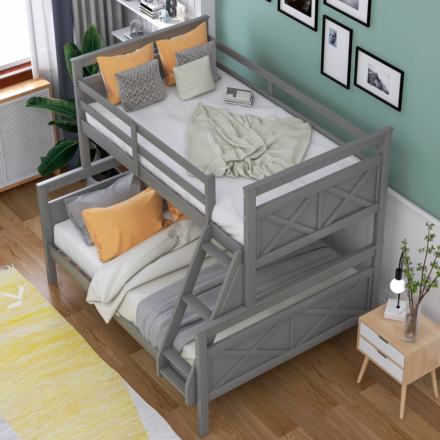 Twin over Full Bunk Bed with ladder, Safety Guardrail, Perfect for Bedroom, Gray