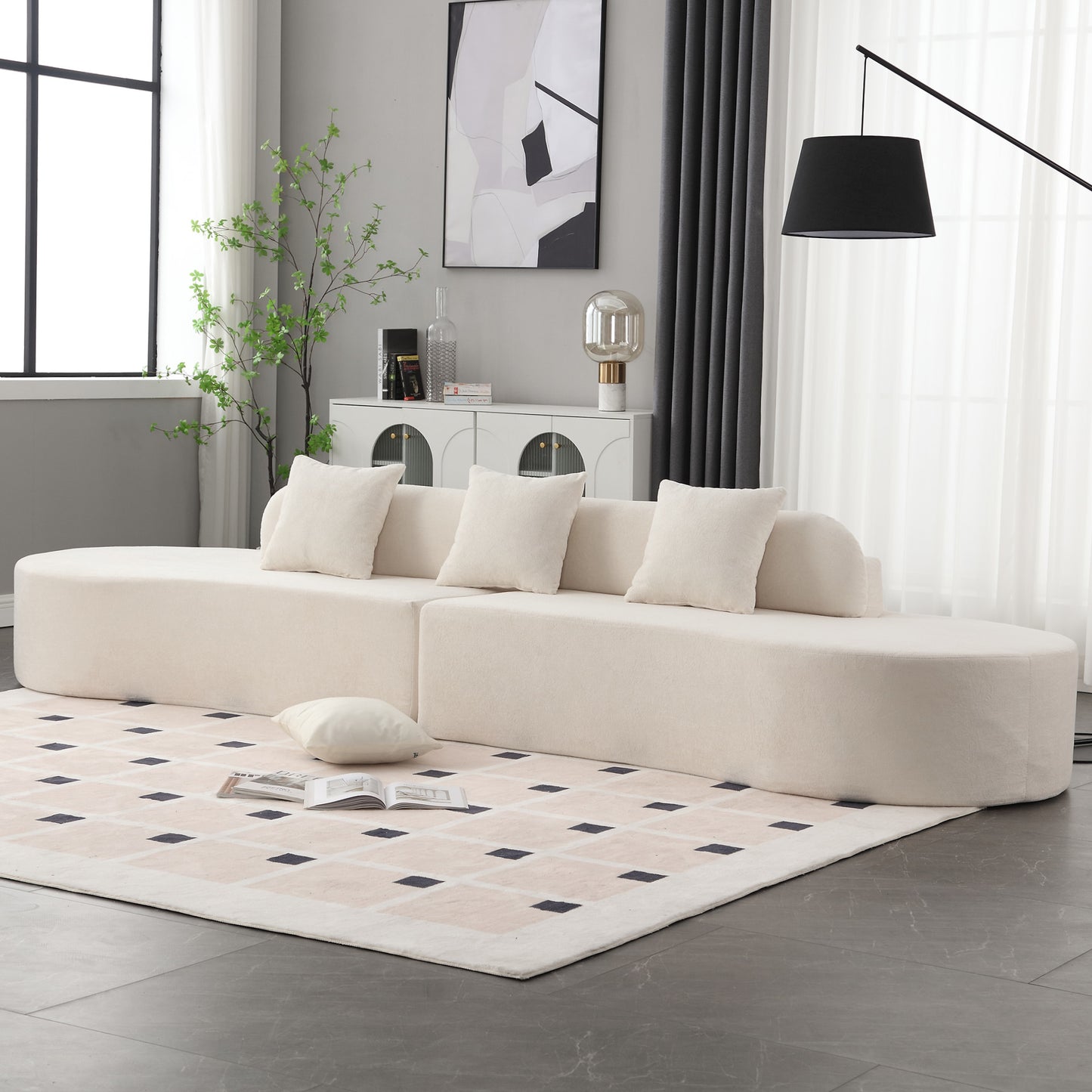 [NEW ARRIVED] [VIDEO PROVIDED] Modern curved combination sofa, terrycloth fabric sofa, minimalist sofa in living room, apartment, no assembly required, three pillows,Beige