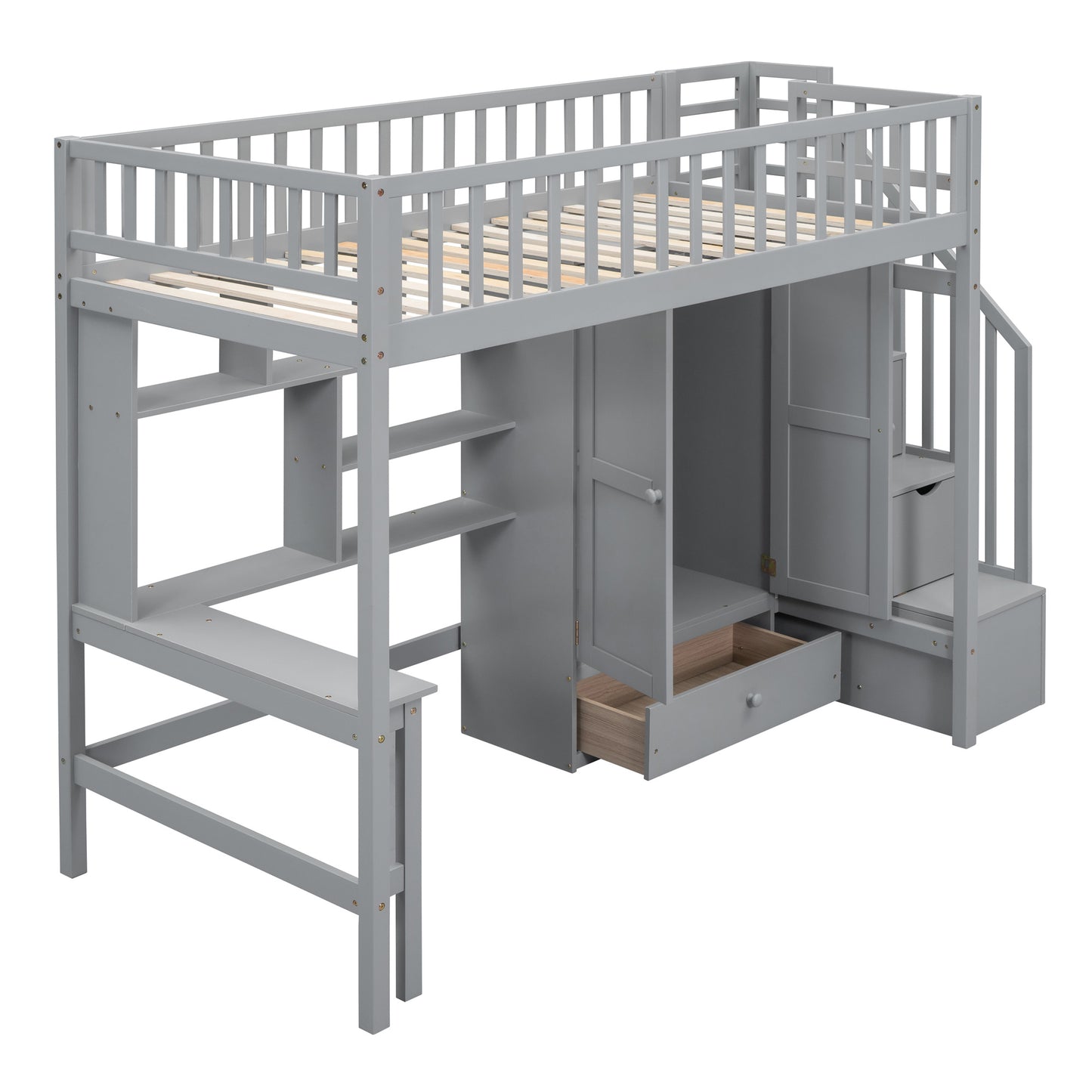 Twin size Loft Bed with Bookshelf,Drawers,Desk,and Wardrobe-Gray