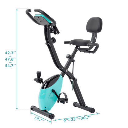 Folding Exercise Bike, Fitness Upright and Recumbent X-Bike with 10-Level Adjustable Resistance, Arm Bands and Backrest