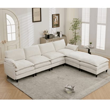 [NEW ARRIVED]Modular Sofa,U Shaped Cloud Couch Comfy Set ,6-Seater, 2 Armrest Pillows, Convertible Sectional Couch, Living Room,Apartment, Chenille(2 Movable Ottoman),Beige