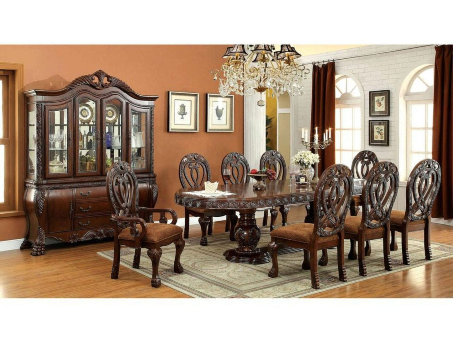 Formal Majestic Traditional Dining Chairs Cherry Solid wood Fabric Seat Intricate Carved Details Set of 2 Side Chairs