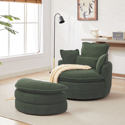 38" Modern Accent Round Swivel Barrel Oversized Chair with Moon Storage Ottoman with 4 Pillows in Green Corduroy