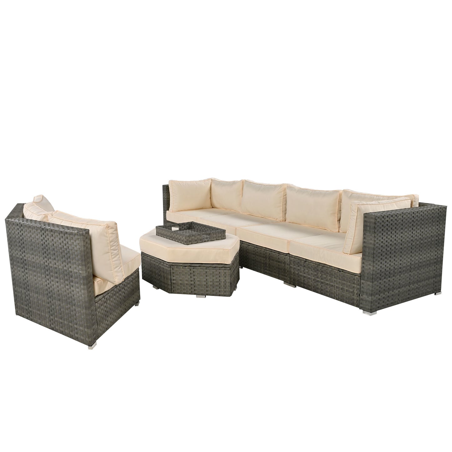 U-style Patio Furniture Set, 6 Piece Outdoor Conversation Set All Weather Wicker Sectional Sofa with Ottoman and Cushions and Small Trays