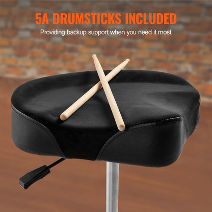 VEVOR Hydraulic Saddle Drum Throne, 19.3-25.2 in / 490-640 mm Height Adjustable, Padded Drum Stool Seat with Anti-Slip Feet Drumsticks 500 lbs / 227 kg Max Weight Capacity, 360° Swivel for Drummers