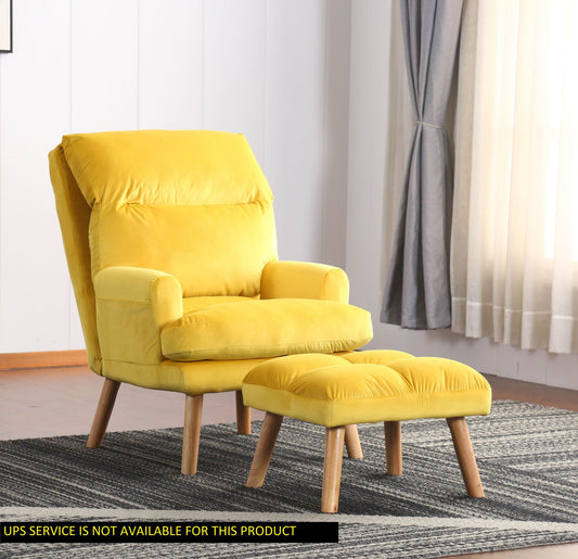 Soft Comfortable 1pc Accent Click Clack Chair with Ottoman Yellow Fabric Upholstered Oak Finish Legs Living Room Furniture