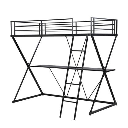 Twin Size Loft Bed with Desk, Ladder and Full-Length Guardrails, X-Shaped Frame, Black(Old SKU: MF297073AAB)