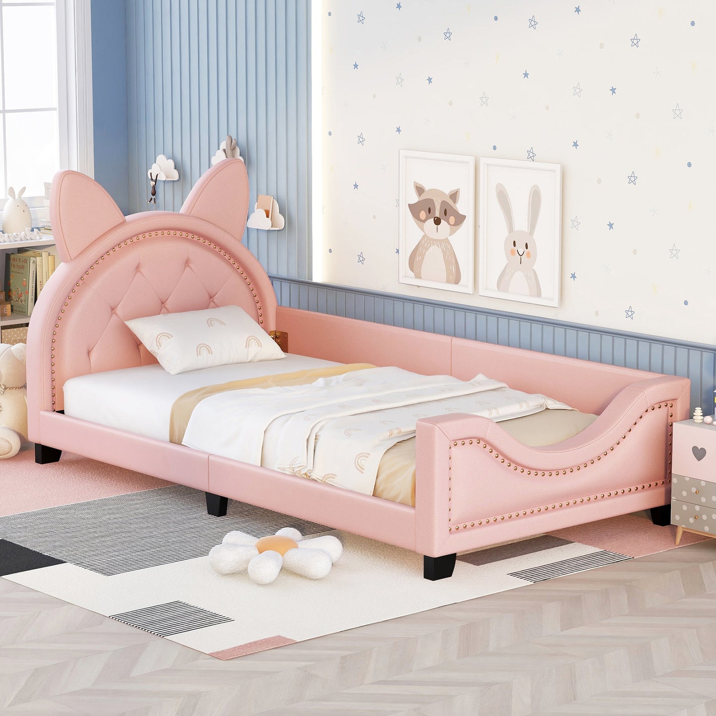 Twin Size Upholstered Daybed with Carton Ears Shaped Headboard, Pink