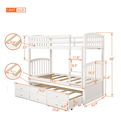 Twin Bunk Bed with Ladder, Safety Rail, Twin Trundle Bed with 3 Drawers for Teens Bedroom, Guest Room Furniture(White)(OLD SKU :LP000071AAK)