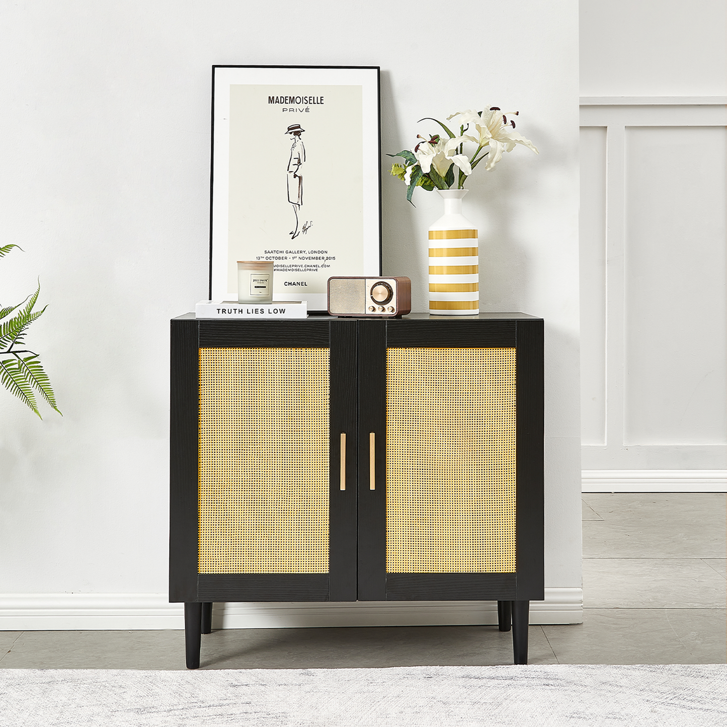 Side panel buffet cabinet with natural rattan door, rattan storage cabinet with adjustable shelves, side panel and buffet with storage space, modern console cabinet in bedroom and living room