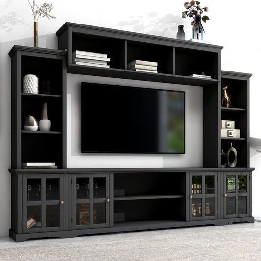 [VIDEO provided] ON-TREND Minimalism Entertainment Wall Unit with Bridge, Modern TV Console Table for TVs Up to 70", Multifunctional TV Stand with Tempered Glass Door, Black (Old SKU: SD000009AAB)